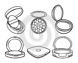 Set of hand-drawn contour powder boxes, cosmetics, make-up. Icons, sketc, vector