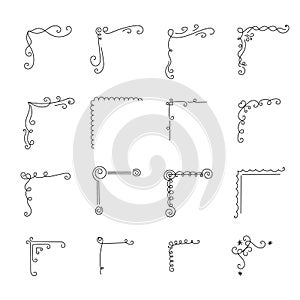 Set of hand-drawn corners with curls and swirls.Decorative monograms, calligraphic borders.Page`s design,vintage elements.Use for