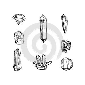 Set of hand drawn crystals illustration in vector.