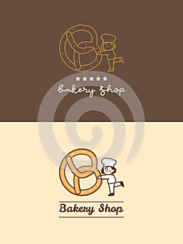 Set Hand drawn Cute bakery shop Pretzel with little chef and five stars logo template cartoon art illustration design