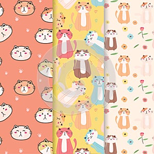 Set Of Hand Drawn Cute Cats Vector Pattern Background. Doodle Funny.