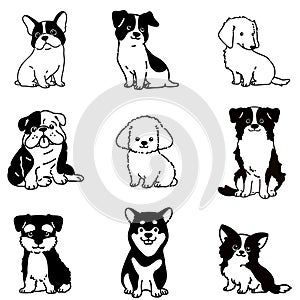 Set of hand drawn cute dogs sitting in front view illustrations with only outlines