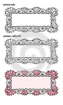 Set of hand drawn cute frames with textile ruffles and lace.