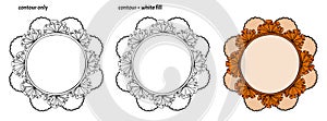 Set of hand drawn cute round frames with textile ruffles, lace and ribbon.