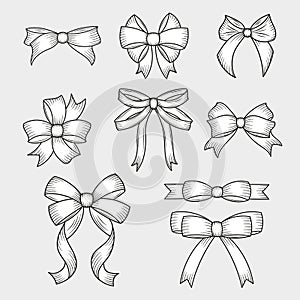 Set of hand drawn decorative bows. Decoration for traditional holidays and gift boxes. Vector illustration.