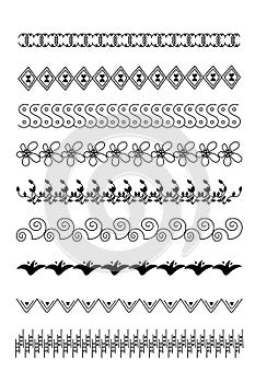 Set of hand drawn decorative brushes for dividers, ornaments, frames, borders and design elements. Vector brushes are included in