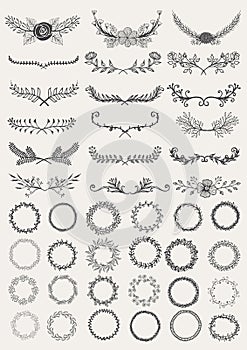 Set of hand drawn decorative wreaths and laurels