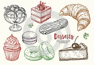 Set of hand drawn delicious sweets. Vector illustration. For dessert menu or food package design.