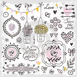 Set of hand drawn design elements for wedding decoration. Decorative frames, flowers, heart, birds, arrows.