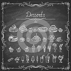 Set of hand-drawn dessert on a chalk board.