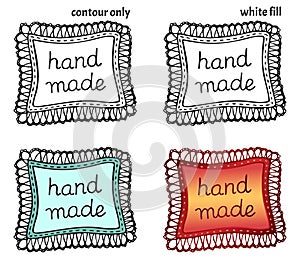 Set of hand drawn different colored textile patches with seam and lace and handwritten inscription `hand made`