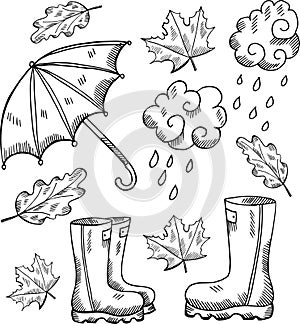 Set of hand drawn doodle autumn illustrations
