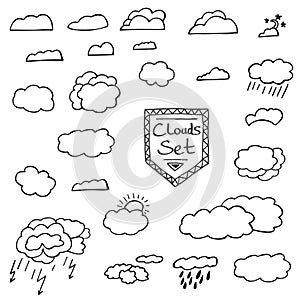 Set of Hand Drawn Doodle Clouds. Vector Illustration.