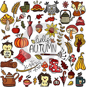 Set of hand drawn doodle elements about autumn