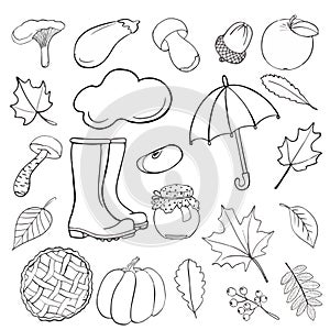 Set of hand drawn doodle elements about autumn. Cozy fall collection of drawings, outline vector drawing