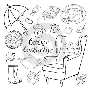 Set of hand drawn doodle elements about autumn. Cozy fall collection of drawings, outline vector drawing