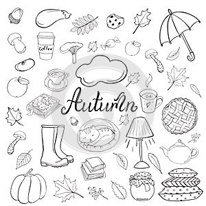 Set of hand drawn doodle elements about autumn. Cozy fall collection of drawings, outline vector drawing