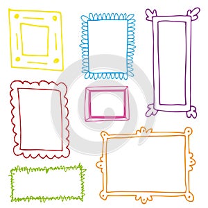 Set of hand drawn doodle frames, squares, vector borders design elements.