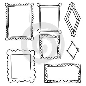 Set of hand drawn doodle frames, squares, vector borders design elements.