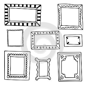 Set of hand drawn doodle frames, squares, vector borders design elements.