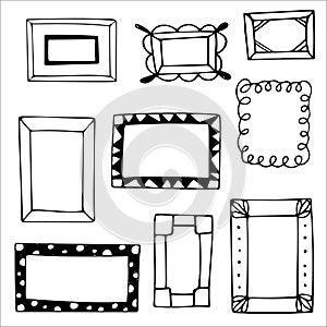 Set of hand drawn doodle frames, squares, vector borders design elements.