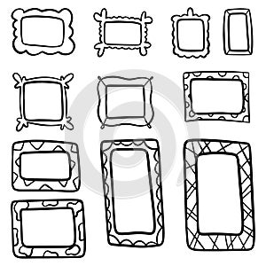 Set of hand drawn doodle frames, squares, vector borders design elements. Cartoon comic style