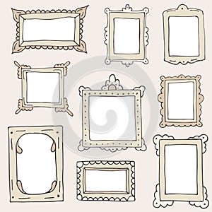 Set of hand drawn doodle frames, squares, vector borders design elements with white backgrounds.