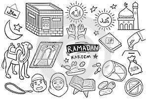 Set of hand drawn doodle Ramadan holy month related.