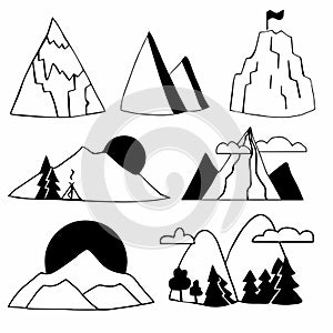 Set of hand drawn doodle sketch mountains. Doodles black silhouette of mountain. Landscape for logo emblem your design. Flat