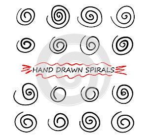 Set of hand drawn Doodle spiral line. Swirl vector design elements. Illustration on white isolated background.