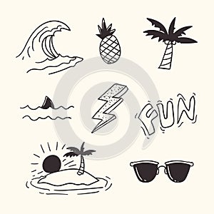 Set of hand drawn doodle summer icons. Vector illustration