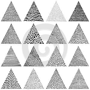 A set of hand-drawn doodle textures. Cute isolated triangles. Vector illustration