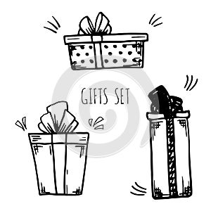 Set of hand drawn doodle vector gift boxes with bows and ribbons. Sketch illustration.