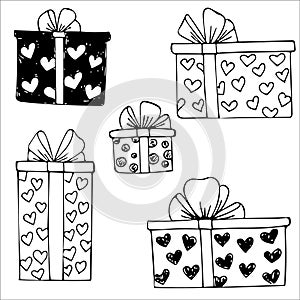 Set of hand drawn doodle vector gift boxes with bows and ribbons. Sketch illustration.