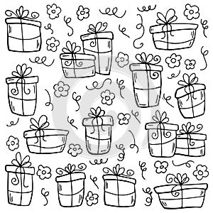 Set of hand drawn doodle vector gift boxes with bows and ribbons. Sketch illustration. Child simple drawing. For decor