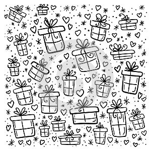 Set of hand drawn doodle vector gift boxes with bows and ribbons. Sketch illustration. Child simple drawing. For decor