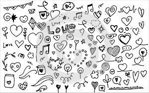 Set of hand-drawn Doodle vector love elements for wedding, Valentine\'s day greeting cards, stickers, stamp design. Vector