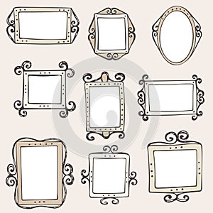 Set of hand drawn doodle vintage frames, squares, vector borders design elements with white backgrounds.