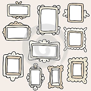 Set of hand drawn doodle vintage frames, squares, vector borders design elements with white backgrounds.