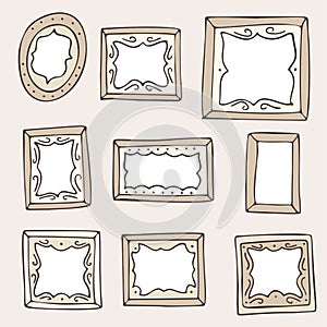 Set of hand drawn doodle vintage frames, squares, vector borders design elements with white backgrounds.
