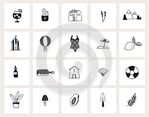 Set of hand drawn doodle web icons. Line art. Summer, holiday, travel concept. Black and white design. Isolated vector