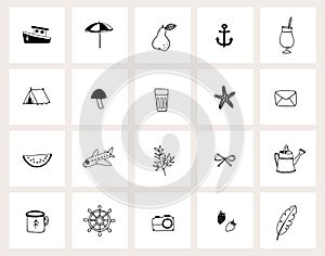 Set of hand drawn doodle web icons. Line art. Summer, holiday, travel concept. Black and white design. Isolated vector
