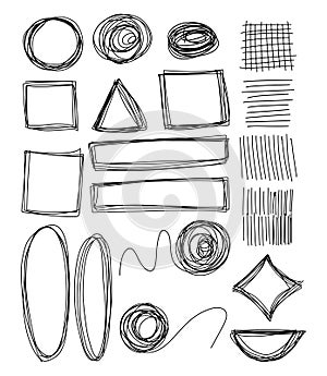 Set hand drawn doodles. Sketchy frames. Grunge scrawls, scribbles, line, and shapes, figure, underlines and circles