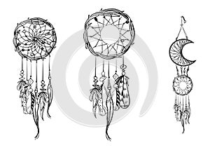 Set of hand drawn dream catchers. Ornate ethnic items, feathers and beads. Monochrome illustration.