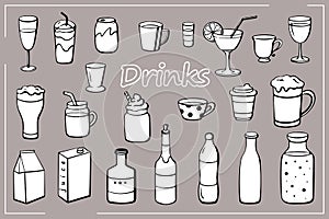 Set of hand-drawn drinks in line style. Vector illustration.