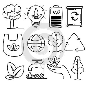 Set of hand drawn ecology, ecology problem and green energy icons in doodle style, vector illustration