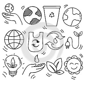 Set of hand drawn ecology, ecology problem and green energy icons in doodle style, vector illustration