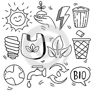 Set of hand drawn ecology, ecology problem and green energy icons in doodle style, vector illustration