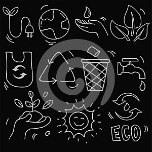Set of hand drawn ecology, ecology problem and green energy icons in doodle style, vector illustration