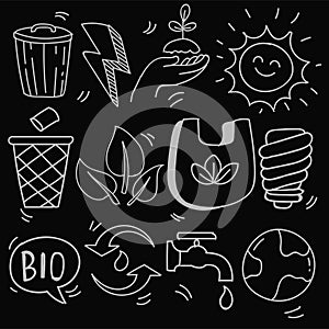 Set of hand drawn ecology, ecology problem and green energy icons in doodle style, vector illustration